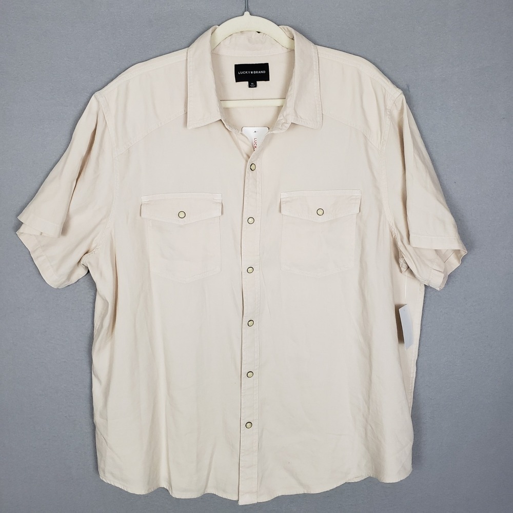 Lucky Brand Men's XL Pearl Snap Casual Shirt Ivory Cream Coastal Euro Summer NWT